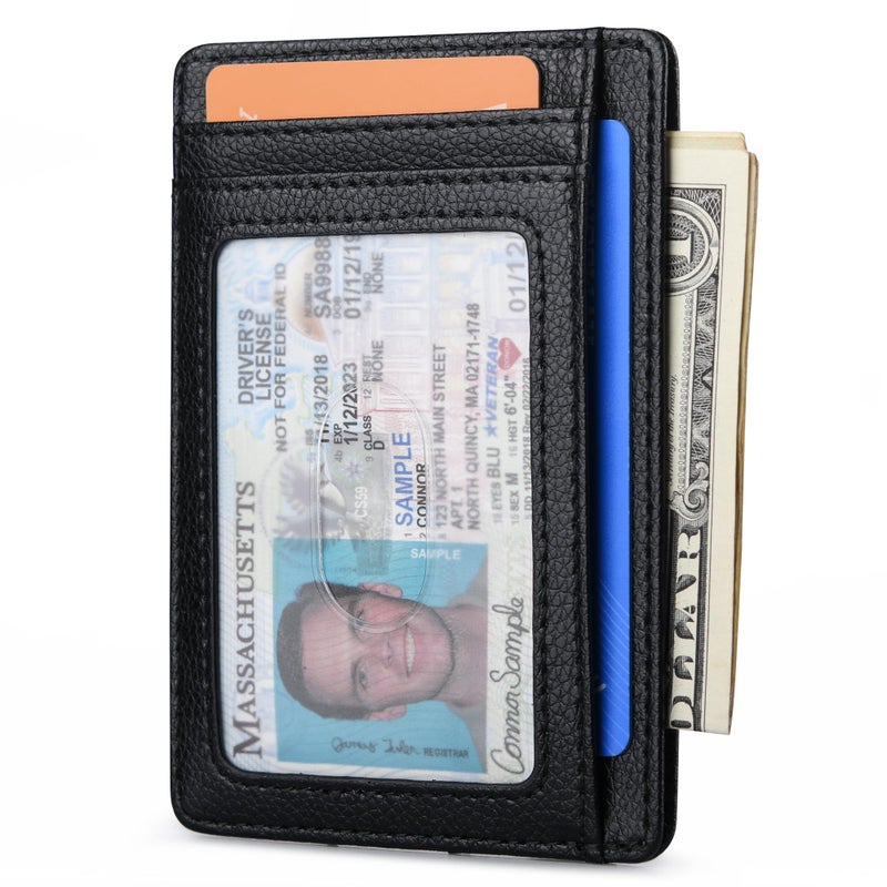 Buffway Slim Minimalist Front Pocket RFID Blocking Leather Wallets for Men and Women - Lichee Black - Image 2